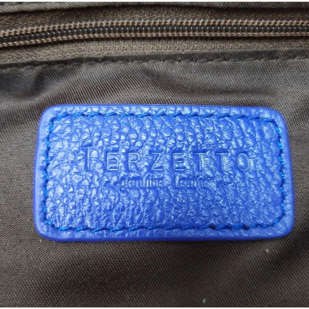 Terzetto Blue Pebbled Leather Double Handle Zipper Closure Satchel Shoulder Bag